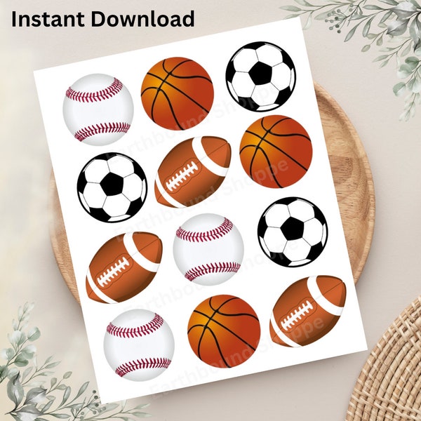 2,5 pouces de basket-ball, football, football, base-ball pour cupcakes imprimables thème sport fête d'anniversaire bricolage imprimable TÉLÉCHARGEMENT INSTANTANÉ Pdf png