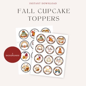 May include: Printable cupcake toppers featuring autumn themes. Designs include pumpkins, gourds, leaves, a rainbow, a gnome, a wagon, and text that says "hello autumn", "autumn vibes", and "happy autumn".
