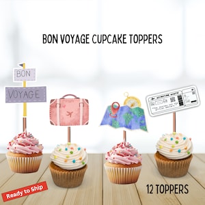 Bon Voyage Travel Cupcake Toppers, Adeus, 12 Contagens, Viagem, Malas, Viagens Seguras, Tema, Festa, Passaporte, Avião, Mundo, Mapas,