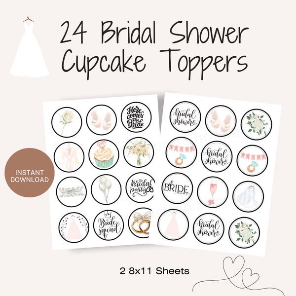 24 bruids douche afdrukbare cupcake toppers, Mr & Mrs. bruiloft decor bruid als toppers, aangepaste cupcake toppers, cupcake toppers, bruiloft