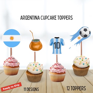 Argentinië cupcaketoppers, Messi, Mate, Empanadas, Verjaardagsfeestje Buenos Aires, Argentijnse vlag, Zon, Voetbal, Argentijns voetbal, Lionel Messi