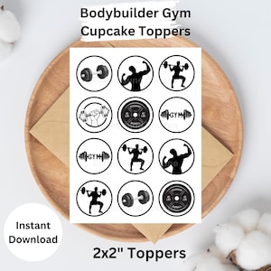 Peut inclure: Des ronds de décoration pour cupcakes sur le thème de la musculation, avec des graphiques noirs et blancs de poids et d'haltérophiles. Les ronds mesurent 5.08 x 5.08 cm et comportent le texte "Bodybuilder Gym Cupcake Toppers" et "Instant Download".