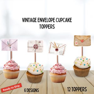 Adornos para cupcakes con sobres vintage, tema de cartas de amor, fiesta de cumpleaños, baby shower, sobres para fiesta, amor, novia, acuarela, 12 unidades