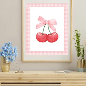 Cherries With Pink Bow Wall Art, Coquette Wall Prints, Baby Girl Bow, Nursery Decor, Girls Room Wall Print, Girly Bows Gingham Art Poster