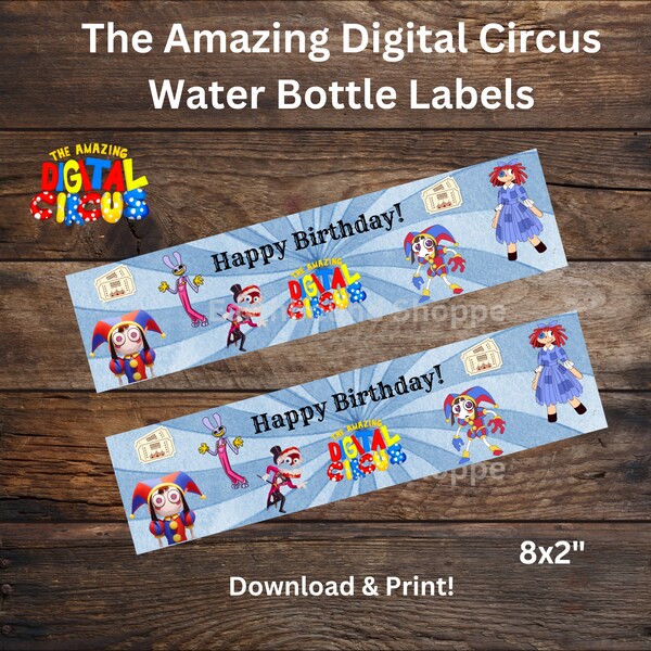 Download istantaneo delle etichette per bottiglie d'acqua stampabili The Amazing Digital Circus, etichette per bottiglie d'acqua, decorazioni per feste di compleanno per bambini Jax, giochi Pomni