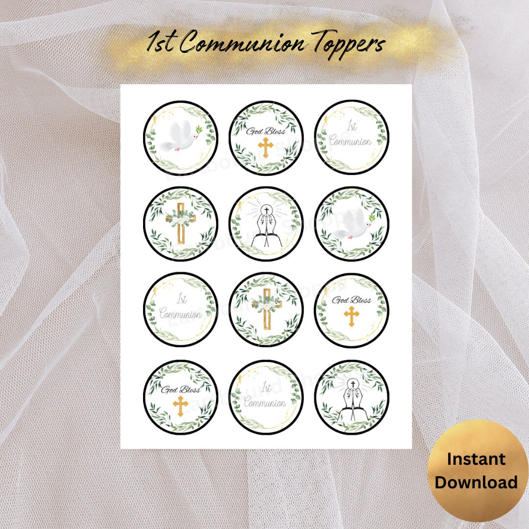 Green and Gold 1st Communion Cupcake Toppers, Boy Girl Communion ...