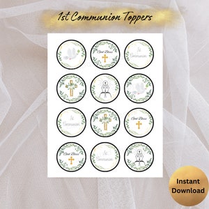 Green and Gold 1st communion cupcake toppers, boy girl communion cupcake toppers, printable religious cupcake toppers, cross god bless