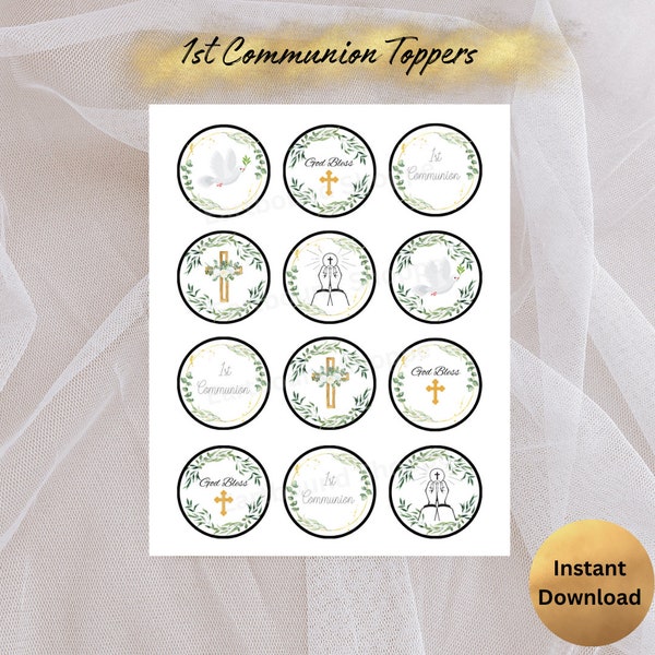 Green and Gold 1st communion cupcake toppers, boy girl communion cupcake toppers, printable religious cupcake toppers, cross god bless