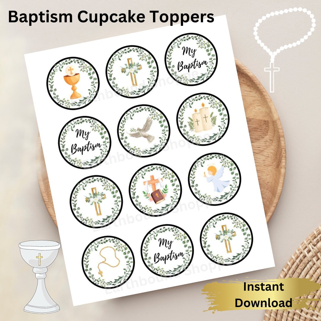 Elegant Baptism Printable Cupcake Toppers, Boy Girl Baptism Greenery ...