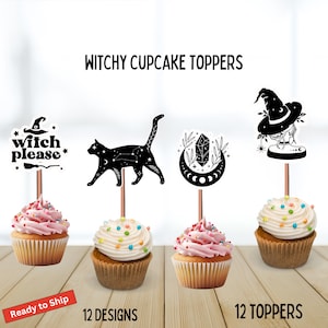 Witchy Witchcraft Cupcake Toppers, Hexen Party, schwarze Katze, Kristalle, Geburtstag, Hexen Thema Tarot Karten, Zauberbuch Topper, Hexenhut, Mond
