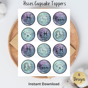 Pisces Zodiac Sign Printable Cupcake Toppers Set of 12 Constellation Toppers Horoscope, Celestial, Party Decoration, Birthday Astrology