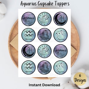 Aquarius Zodiac Sign Printable Cupcake Toppers Set of 12 Constellation Toppers Horoscope, Celestial, Party Decoration, Birthday Astrology