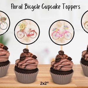 Adornos para cupcakes imprimibles con una bicicleta de acuarela, etiquetas, bicicleta vintage, cesta de flores, adornos para bicicletas holandesas, etiquetas redondas con diseño de bicicleta y cesta floral.