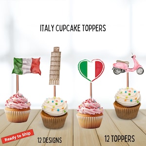 Decorazioni per cupcake italiane, bandiera italiana, formaggio, vino, Roma, scooter italiano, cannoli, decorazioni italiane, pizza, tema compleanno italiano, Ciao