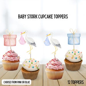 Baby Stork Cupcake Toppers, Pink Stork Baby, Blue Stork Baby, baby Shower, Gender Reveal Toppers, Baby Delivery Theme, New Baby Toppers