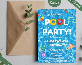 Pool Party Birthday Digital Invitation, Kid's Summer Birthday Party, Pool, Neon Invite, Editable, Canva Template, Text Invite, Girls, Boys,