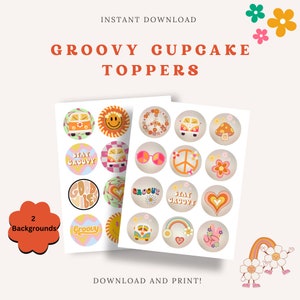 May include: Printable cupcake toppers with a groovy 1970s theme. The toppers feature peace signs, smiley faces, rainbows, and a vintage van. The text on the toppers says "Stay Groovy", "Good Vibes", and "Groovy".