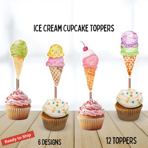Eistüte Cupcake Toppers, Aquarell 12 Count, Geburtstag Thema, Kinder Party, Eis Desserts, Schaufeln, Streusel Topper, Cupcake Dekor