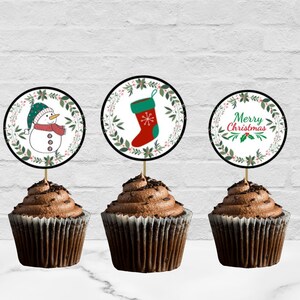 Cute Christmas Cupcake Toppers Printable Tags 2&quot; DIY INSTANT DOWNLOAD Santa Elf Snowman Reindeer Merry Christmas Toppers, Holidays