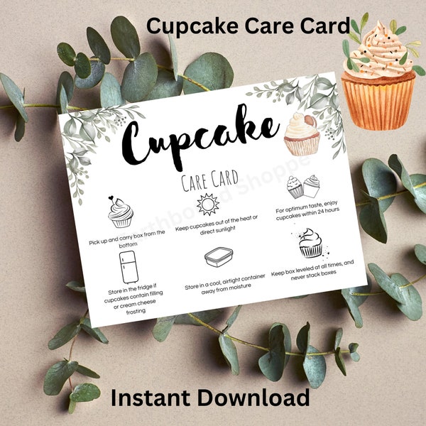 Cupcakes Care Card, Bakery small business cupcake baking Care Instructions, printable care card desserts, instant download baked goods card