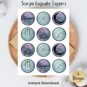Scorpio Zodiac Sign Printable Cupcake Toppers Set of 12 Constellation Toppers Horoscope, Celestial, Party Decoration, Birthday Astrology