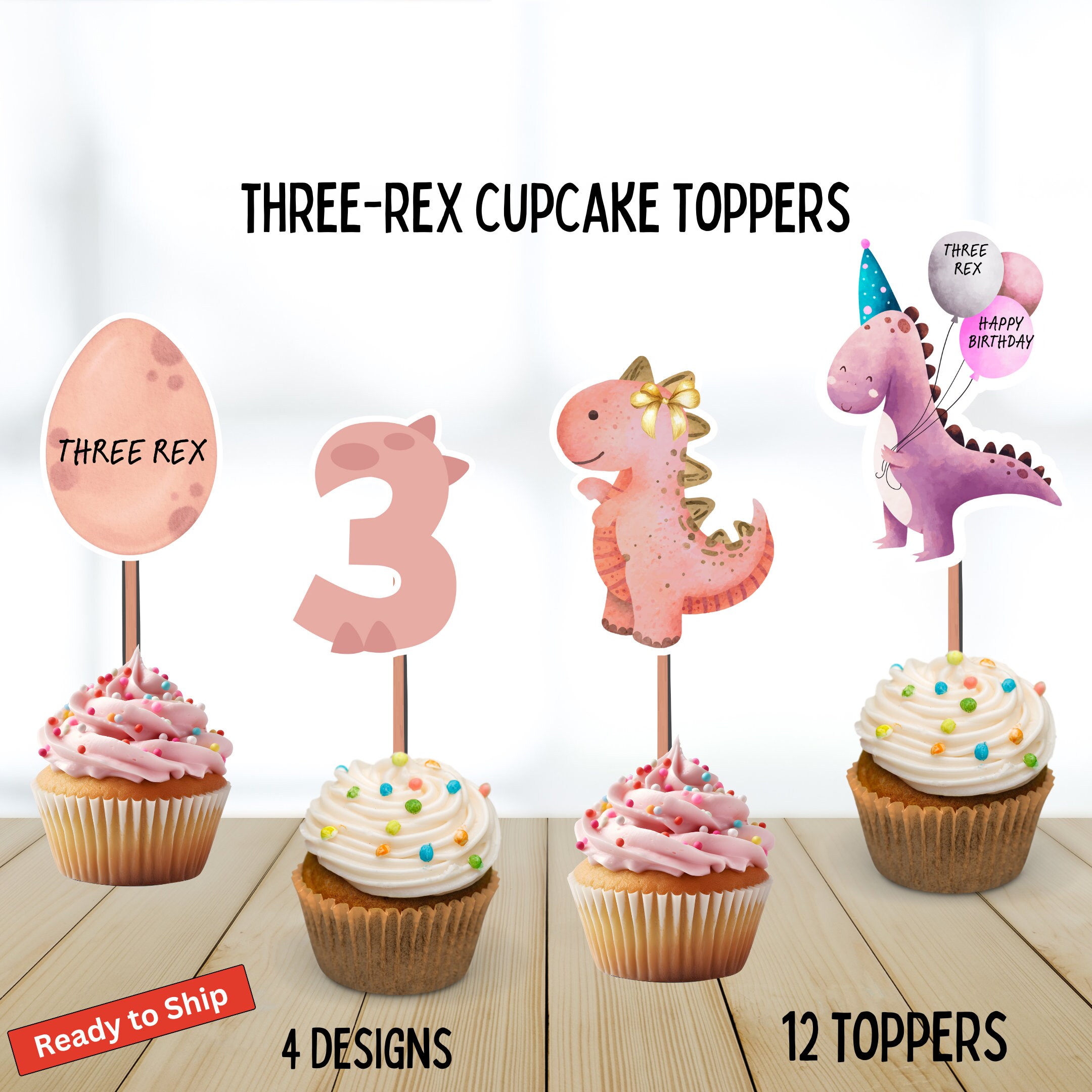 Pink Dinosaur Cake Topper - Set Of 3 T-Rex Figures For Girl's Dinosaur Birthday Party Decorations & Supplies