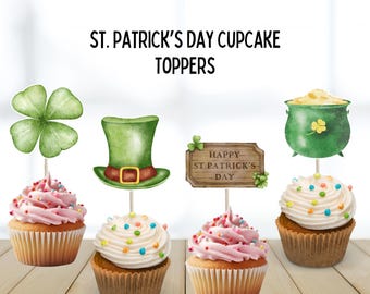 St. Patrick's Day Cupcake Toppers, St. Patrick's Day Decor, Party Supplies, Four Leaf Clover, Green Clover, Irish, Lucky Clover, Leprechaun