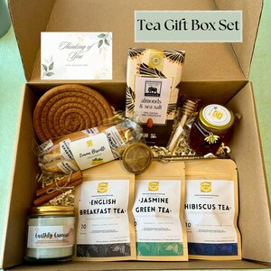 Tea Gift Box with Chocolate, Biscotti, Gold Tea Infuser, Candle, Honey & Dipper,  Thank you Thinking of You, Gift Wellness Her, Mother's Day