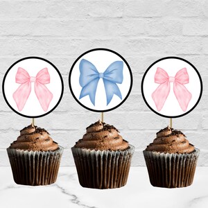 Blue and Pink Bows Digital Cupcake Toppers, Baby Shower Toppers, Gender Reveal, Baby Theme Party, Birthday, Boy or Girl Theme, Printable
