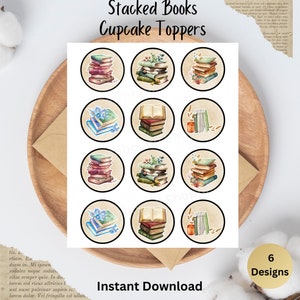 Puede incluir: Doce toppers de cupcake de acuarela que representan pilas de libros con acentos florales. Los toppers están impresos sobre un fondo blanco con un borde marrón. El texto "Stacked Books Cupcake Toppers" y "Instant Download" está impreso en la parte superior e inferior de la imagen. El texto "6 Designs" está impreso en la esquina inferior derecha de la imagen.
