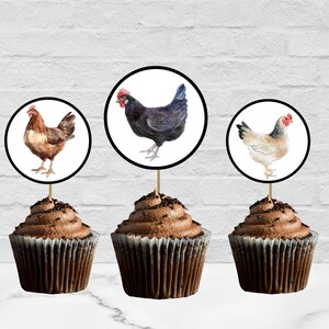 Chickens Digital Cupcake Toppers – Rustic  Farmhouse Hen Party Decor, Digital Download, Birthday Theme Animals, Barn, Kids Party