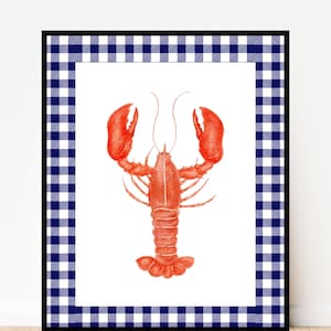 Nautical Lobster Wall Art Print, Coastal Kitchen Decor , Navy Gingham Border, Digital Download, Costal Lobster Wall Art, Cute Sea Animals