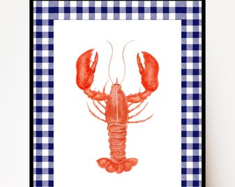 Nautische kreeft kunst aan de muur print, kust keuken decor, marine pastel rand, digitale download, kust kreeft kunst aan de muur, schattige zeedieren