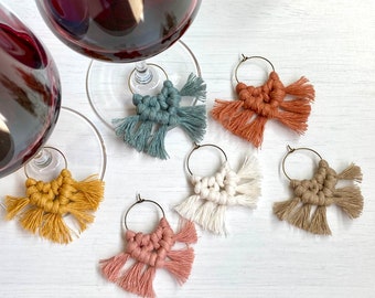 Macrame Wine Charms, set of six, boho wine charms, wine glass markers, hostess gift, boho party favor, macrame wine glass charms, wine lover