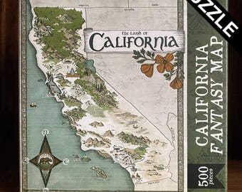 May include: A California Fantasy Map puzzle with 500 pieces. The puzzle features a detailed map of California with green, beige, and blue tones. The words "The Land of California" are displayed prominently. The puzzle is in a box with the word "PUZZLE" in the upper right corner.