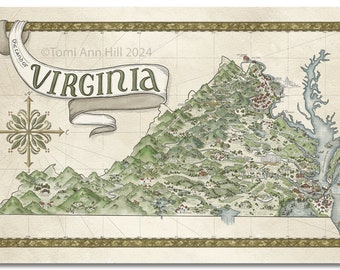 Virginia Fantasy Map - carte fantastique dessinée à la main de Virginie - impression 12 x 20