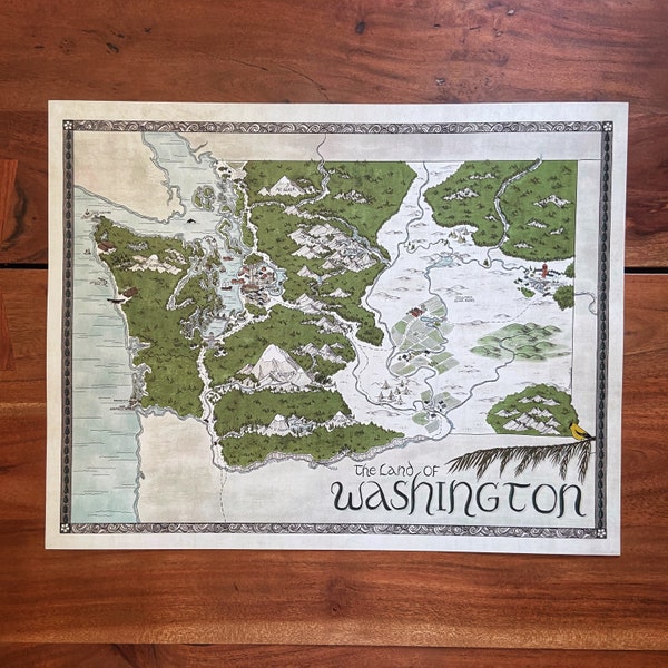 Washington Map - Hand-drawn fantasy map of Washington  - 11x14 print