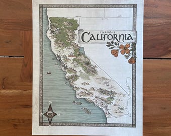 Hand-Drawn California Map Print: Fantasy Style Art (11x14 or 16x20)