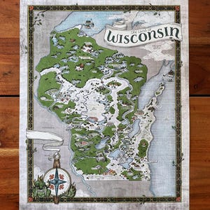 Carte fantastique du Wisconsin - carte fantastique du Wisconsin dessinée à la main - impression 11 x 14, impression 16 x 20