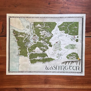 Carte de Washington - carte fantastique de Washington dessinée à la main - impression 11 x 14