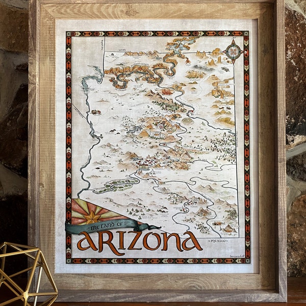 Arizona Map - Hand-drawn fantasy map of Arizona - 11x14 or 16x20 print