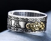 Feng Shui Pi Xiu Mani Mantra Ring Gift-Good Luck Wealth and Prosperity Ring-Abundance Money Protection Ring-Adjustable Silver Amulet Ring