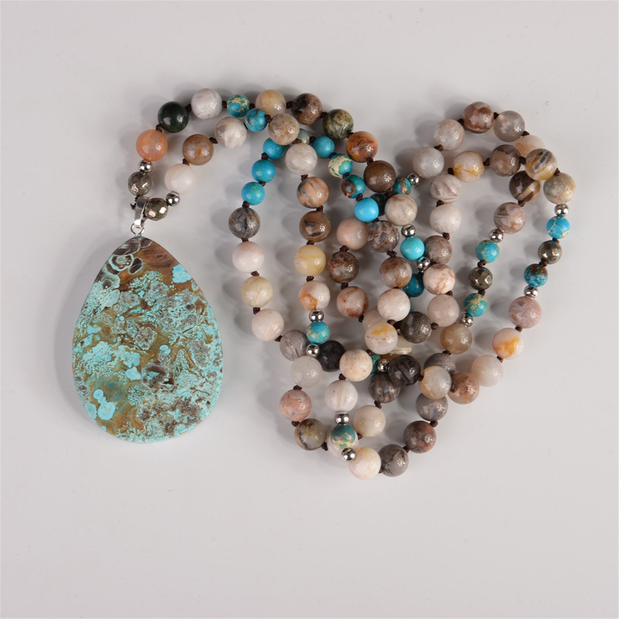 Handmade Boho Necklace Mix Natural Stones Big Teardrop Pendant | Etsy