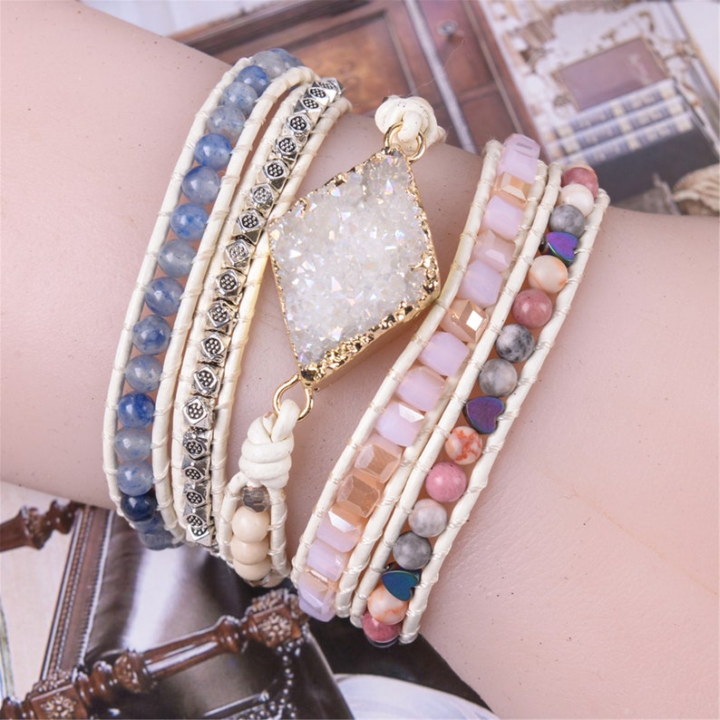 Leather Wrap Bracelet Boho Cuff Bracelet Crystal Bead Bracelet Etsy