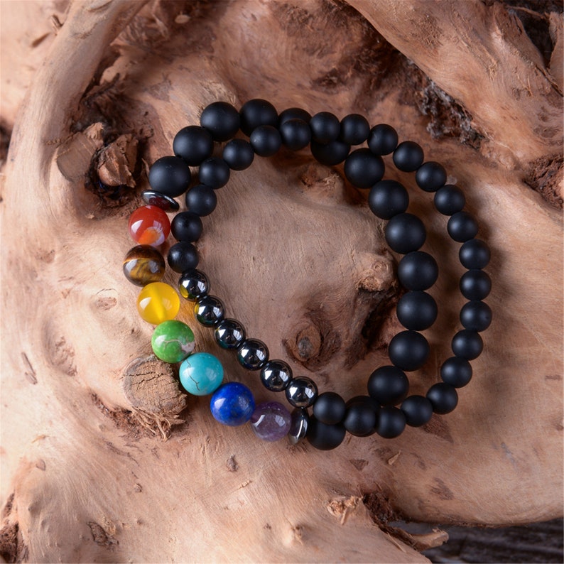2pcsset 7 Chakra Bracelet Men Black Healing Balance Beads Buddha Prayer Natural Stone Yoga Bracelet For Women