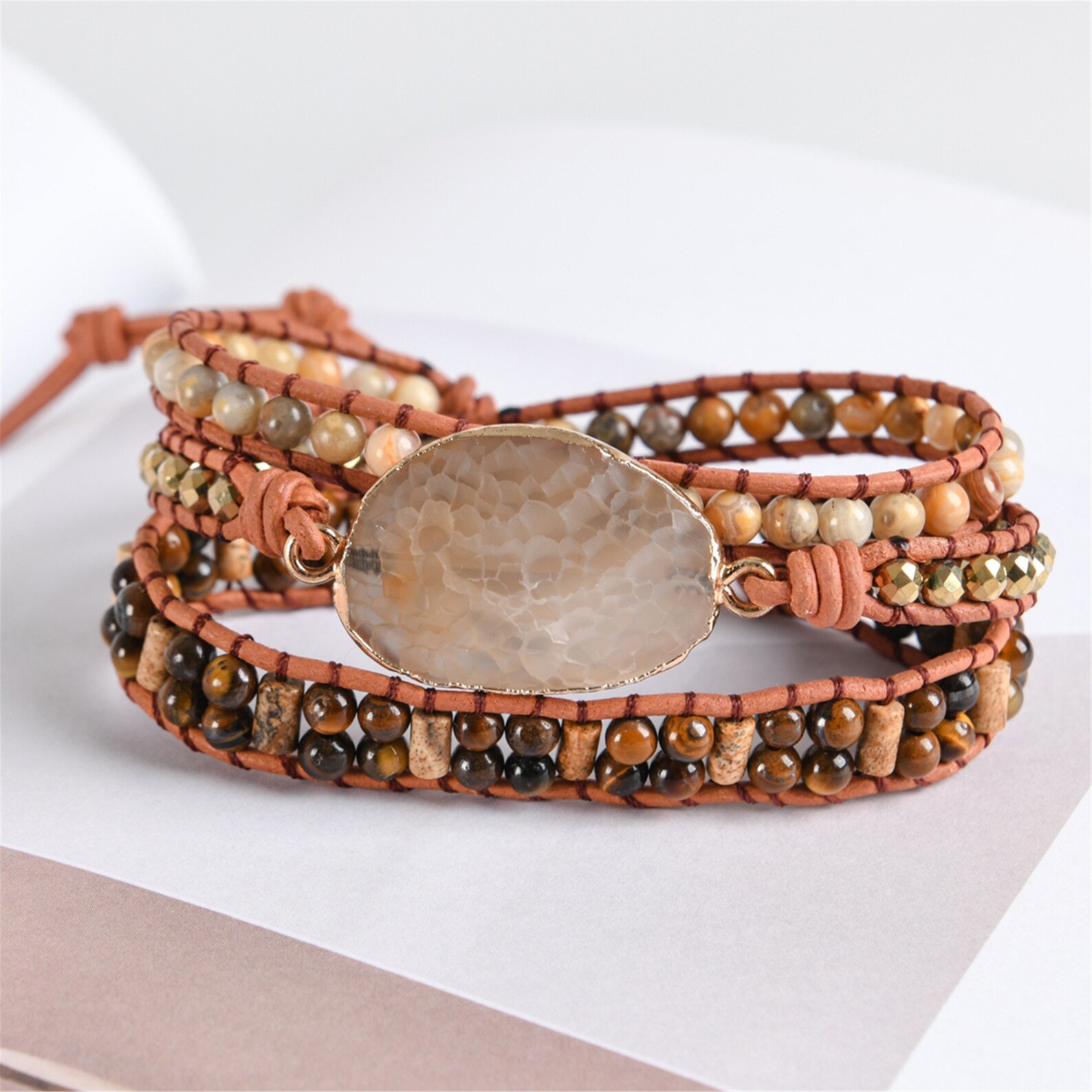 Vintage Leather Bracelets Natural Stone 3 Strands Wrap Etsy