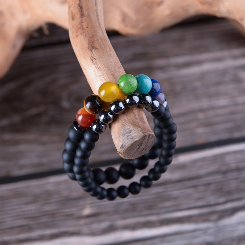 2pcsset 7 Chakra Bracelet Men Black Healing Balance Beads Buddha Prayer Natural Stone Yoga Bracelet For Women