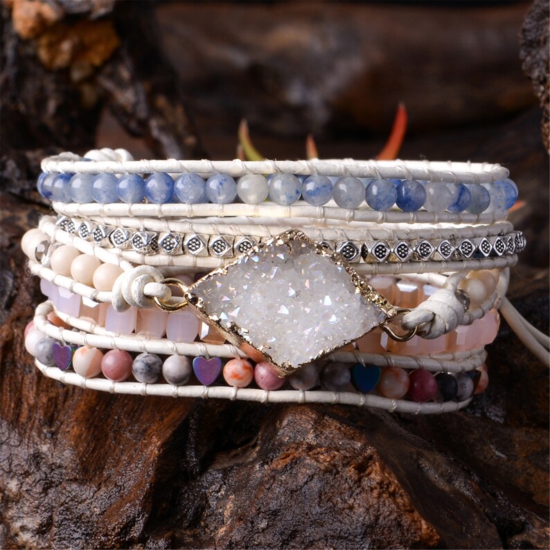 Leather Wrap Bracelet Boho Cuff Bracelet Crystal Bead Bracelet Etsy