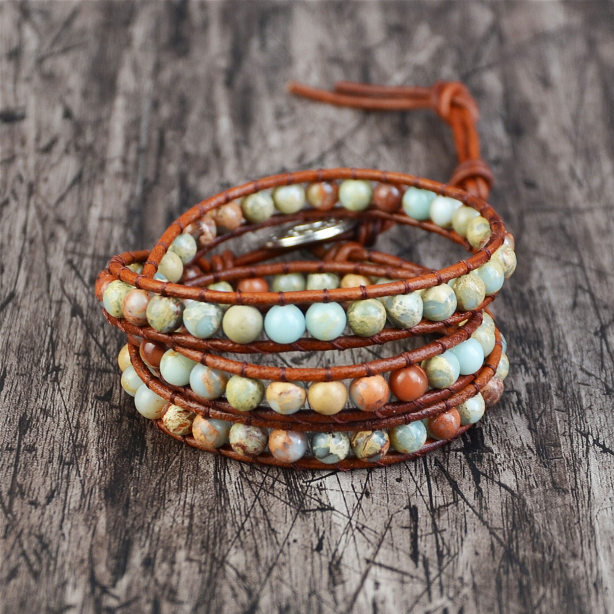 Vintage Leather Bracelets Natural Stone 3 Strands Wrap Etsy