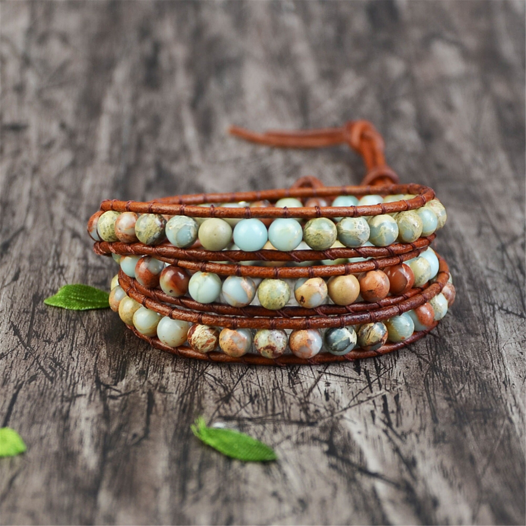 Vintage Leather Bracelets Natural Stone 3 Strands Wrap Etsy